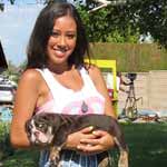 Shrinkabull's chocolate tri puppy on Celebrity Photo Shoot with pop star Keana