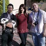 Celebrity dog handler Abe Ward with Joe Jonas, Ashley Green, and their Shrinkabull's puppy Winston
