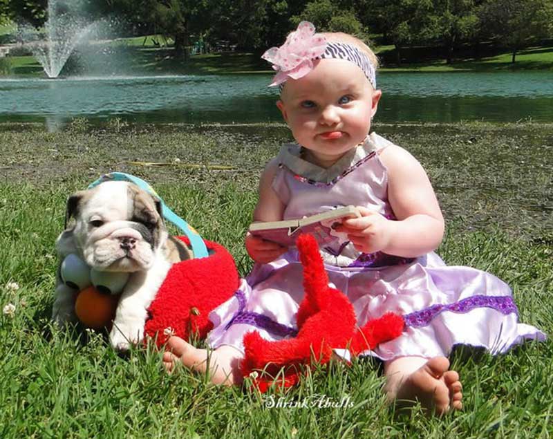 Little girl with english bulldog by lake