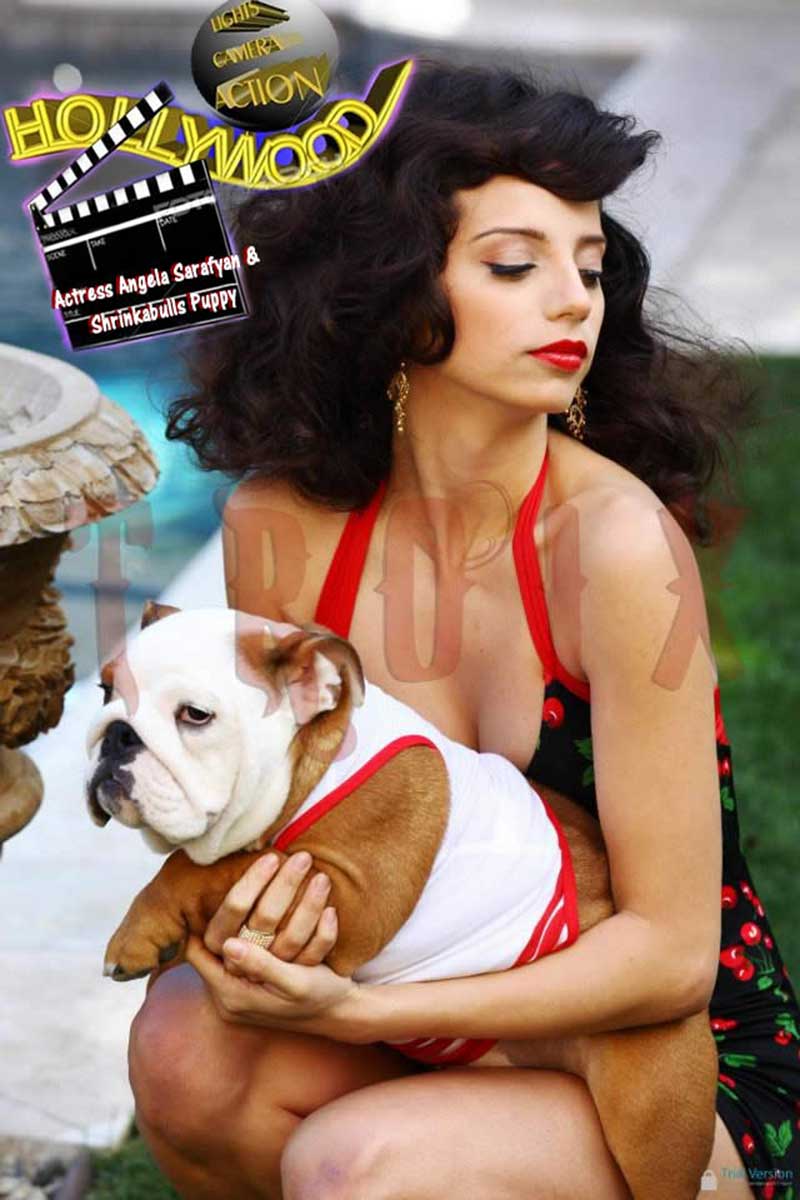 Actress Angela Sarafya with shrinkabulls english bulldog puppy