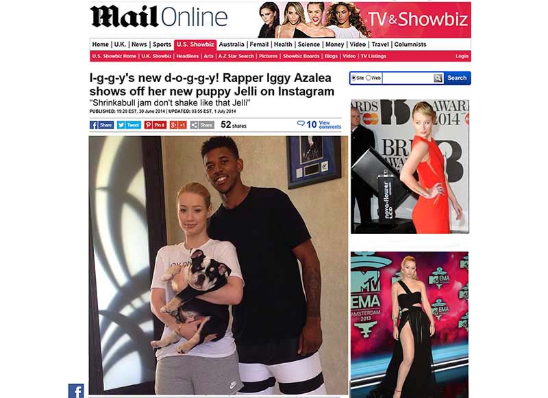 "Shrinkabulls Jelli" with new owner number one bill board singer Iggy Azalea and NBA player Nick Young in the largest UK news media.